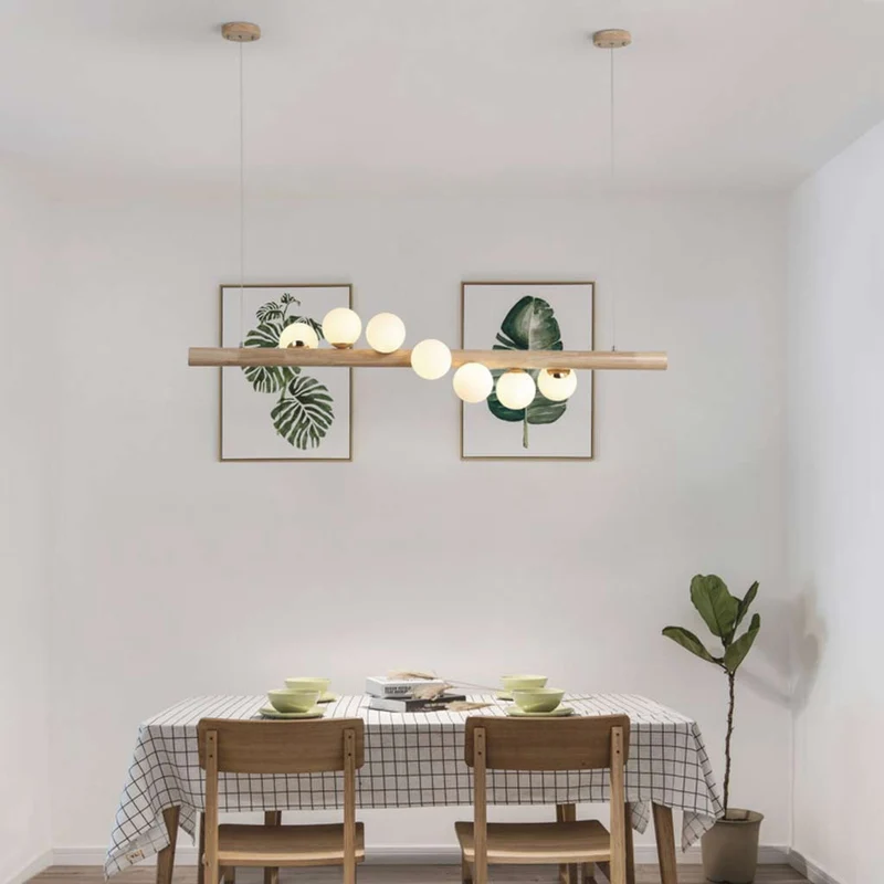 Wood Pendant Ceiling Light Novelty Glass Linear Globe for Dining Room