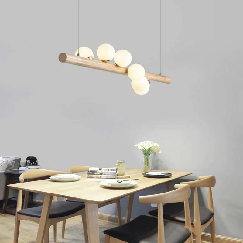 Wood Pendant Ceiling Light Novelty Glass Linear Globe for Dining Room