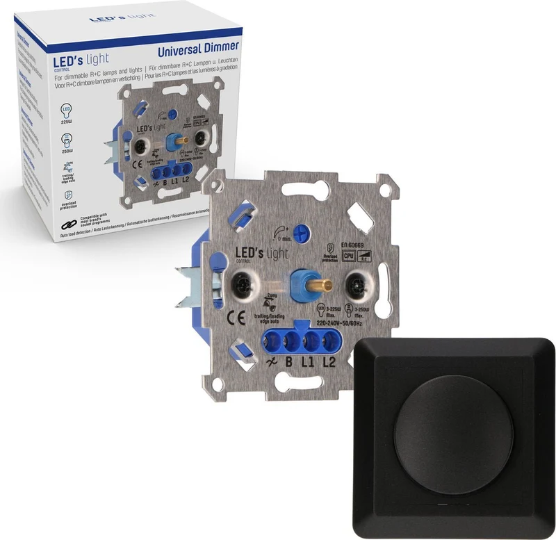 Dimmer mit Design-Abdeckung schwarz matt für LED und Halogen bis 250W - LED's Light