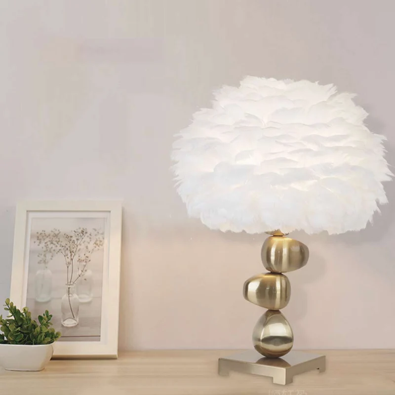 Feather Table Lamp Unique Metal Pebble for Bedroom, White