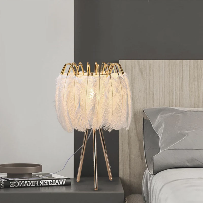 Feather Table Lamp Nordic Style Tripod Wire, White