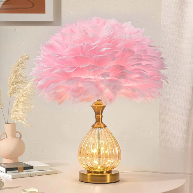 Feather Table Lamp Cute Furry, Teardrop Glass