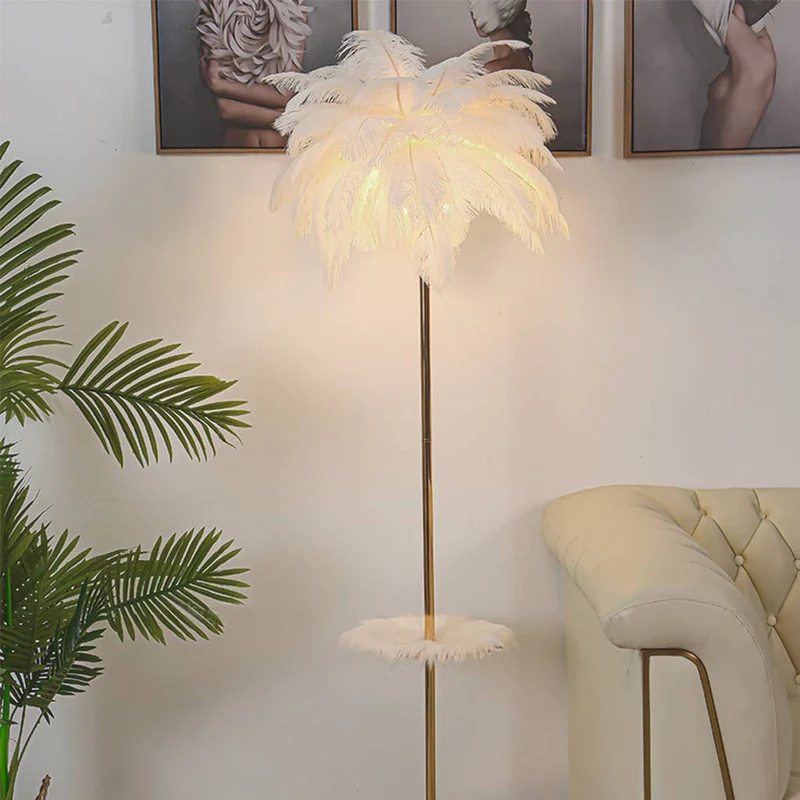Ostrich Feather Floor Lamp with Table Tray, Nordic, 3 Colors