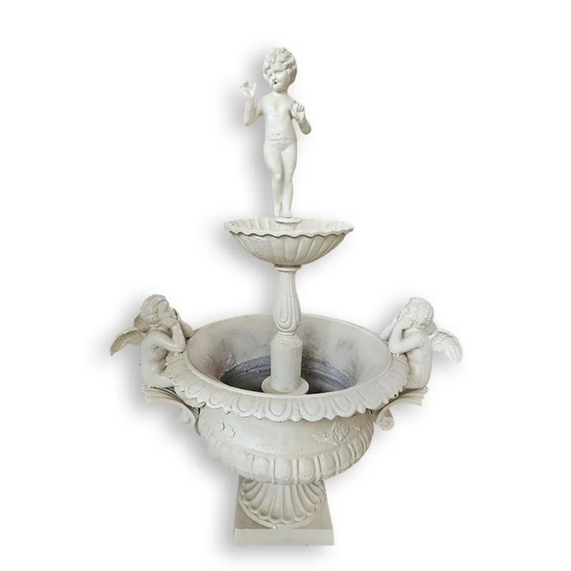 Casa Padrino Luxus Gusseisen Gartenbrunnen Putto mit Engeln Antikweiß 108 x 78 x H. 150 cm - Zweistöckiger Springbrunnen im Barockstil - Garten Deko