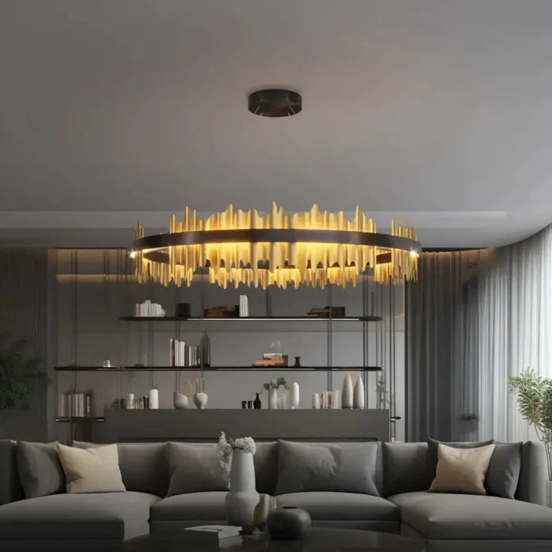 Design-Pendelleuchte in Ringform in Schwarz-Gold für das Wohnzimmer