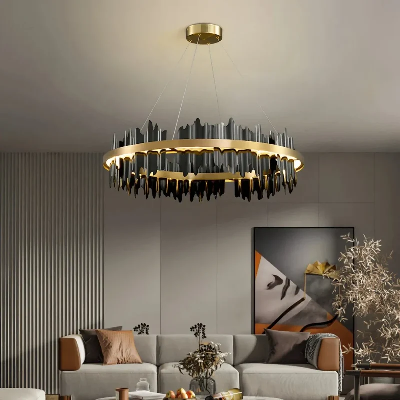 Design-Pendelleuchte in Ringform in Schwarz-Gold für das Wohnzimmer
