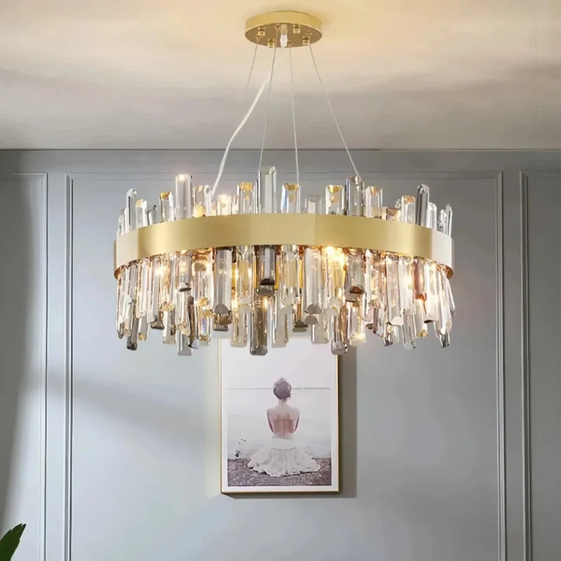 Moderne Ring Pendelleuchte aus Edelstahl mit Kristall in Gold für Esszimmer