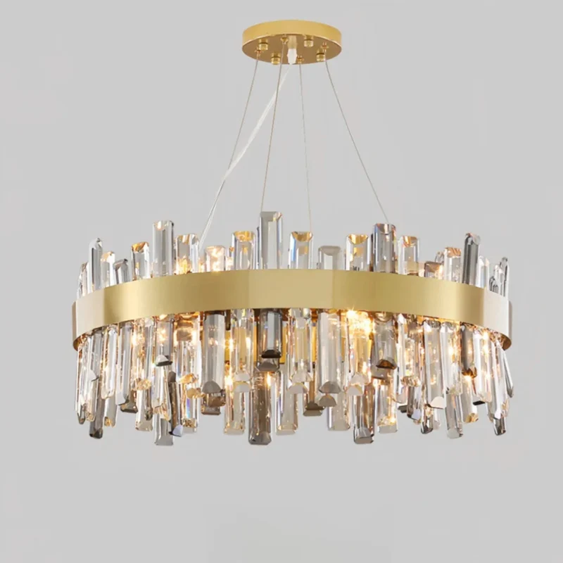 Moderne Ring Pendelleuchte aus Edelstahl mit Kristall in Gold für Esszimmer