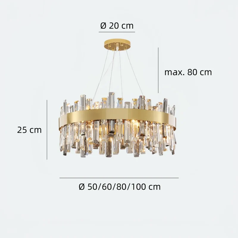 Moderne Ring Pendelleuchte aus Edelstahl mit Kristall in Gold für Esszimmer