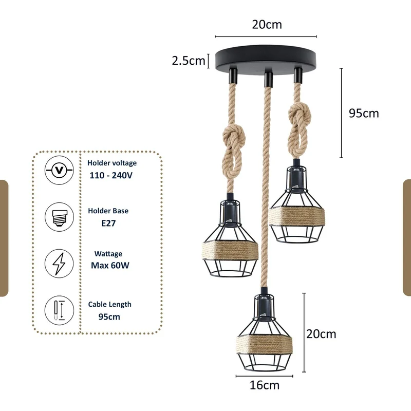 Industrielle Lampe, Vintage-Loft-Hängeleuchte, Retro-Seil-Pendelleuchte~3173