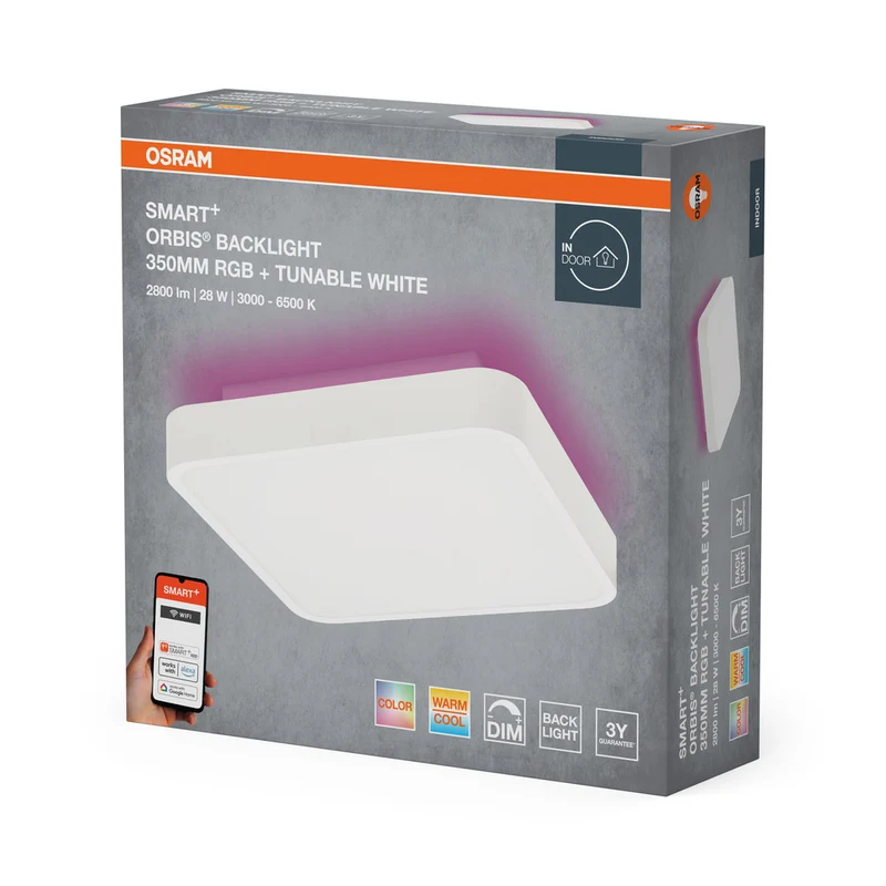 OSRAM Wifi SMART+ ORBIS BACKLIGHT LED Deckenleuchte RGBW mehrfarbig 35x35cm Tunable Weiß 28W / 3000-6500K weiß
