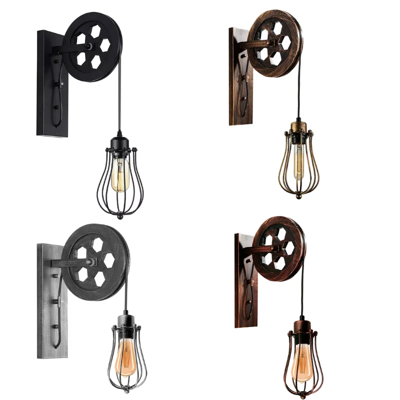 Vintage Wandlampe mit Riemenscheibe & Käfig-Schirm ~3171
