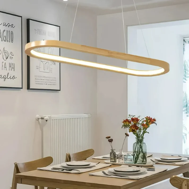Ovale Holz-Pendelleuchte im skandinavischen Stil für den Esstisch – dimmbar