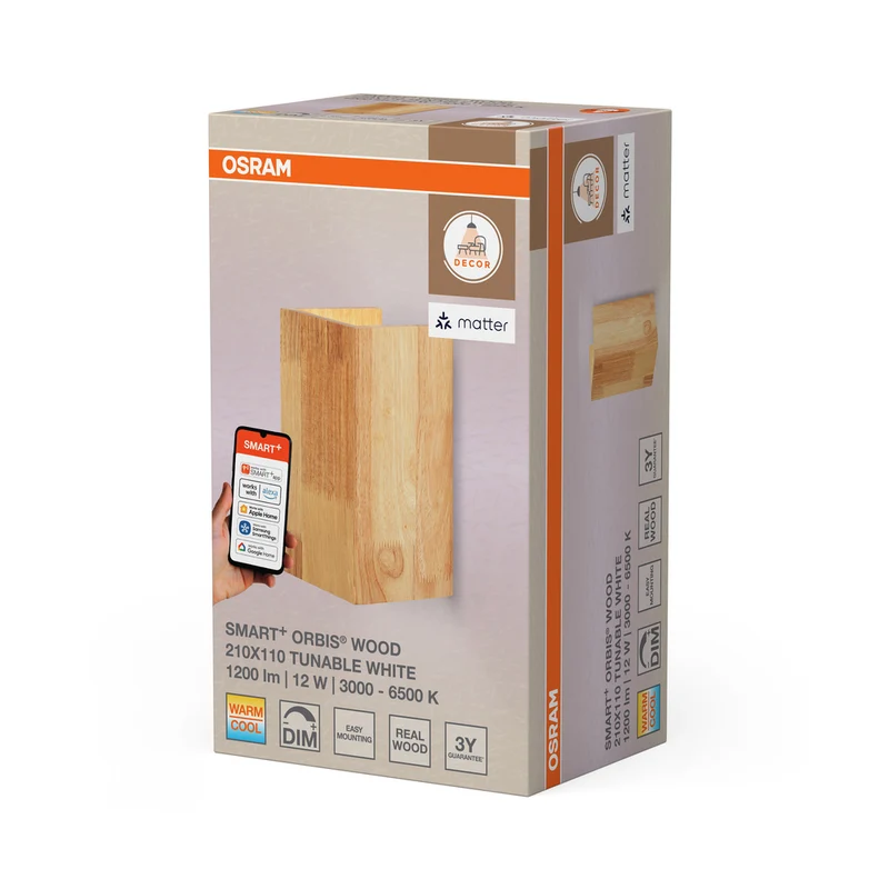 OSRAM Matter SMART+ ORBIS WOOD LED Wandleuchte 21x11cm in Holzoptik Tunable Weiß 12W / 3000-6500K