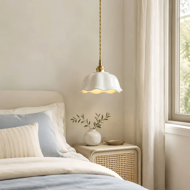Wellenförmige weiße Keramik Hängeleuchte im Vintage Stil für Esszimmer