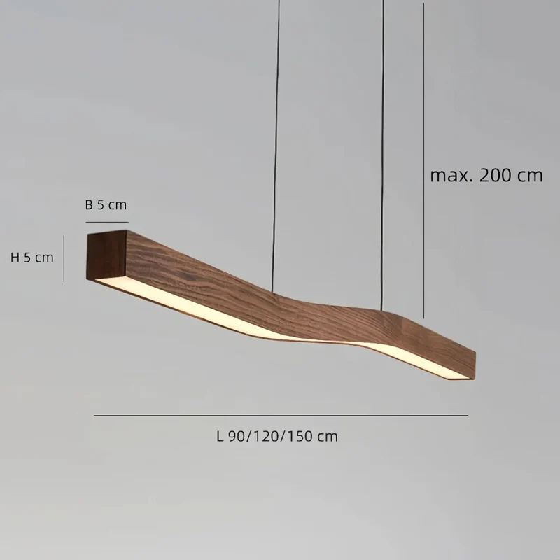 Skandinavische horizontale lange Pendelleuchte in Holzoptik für Esszimmer