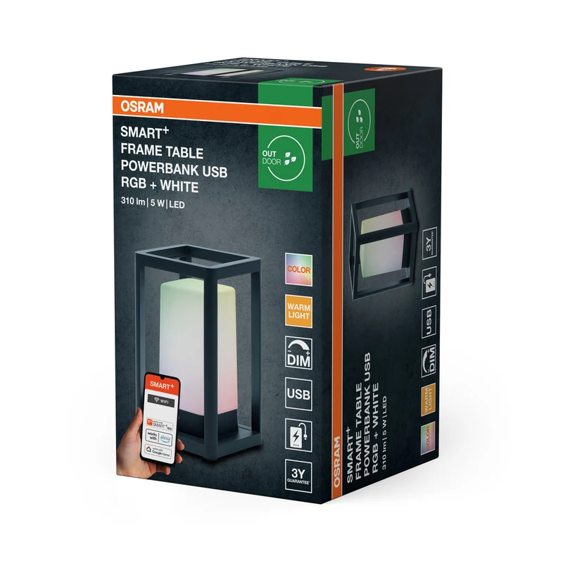 OSRAM SMART+ Wifi Table Frame Powerbank USB RGB Outdoor Tischleuchte mobil nutzbar, schwarz, 3000K 12x20,3cm