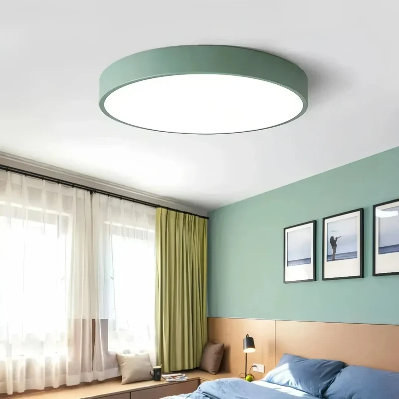 Runde LED-Deckenleuchte flach in Pastellfarben für Schlafzimmer
