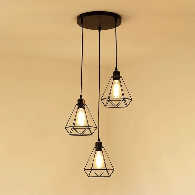 Modernes Drahtkäfig 3Wege Pendelleuchten Set in Schwarz ~3051