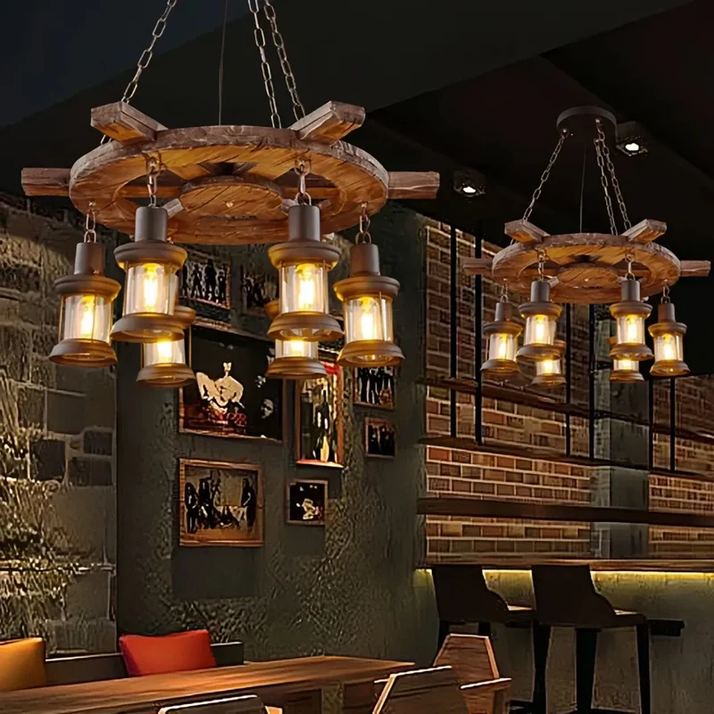 Vintage Industrielampe Aus Glas Und Holz Für Wohnzimmer