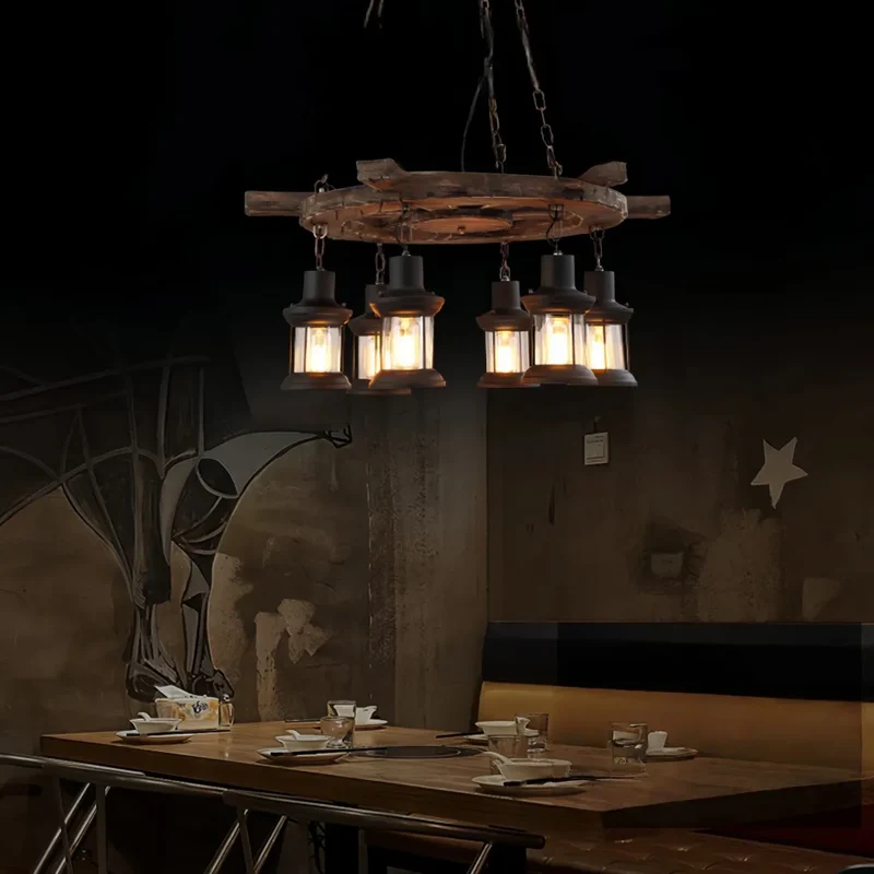 Vintage Industrielampe Aus Glas Und Holz Für Wohnzimmer