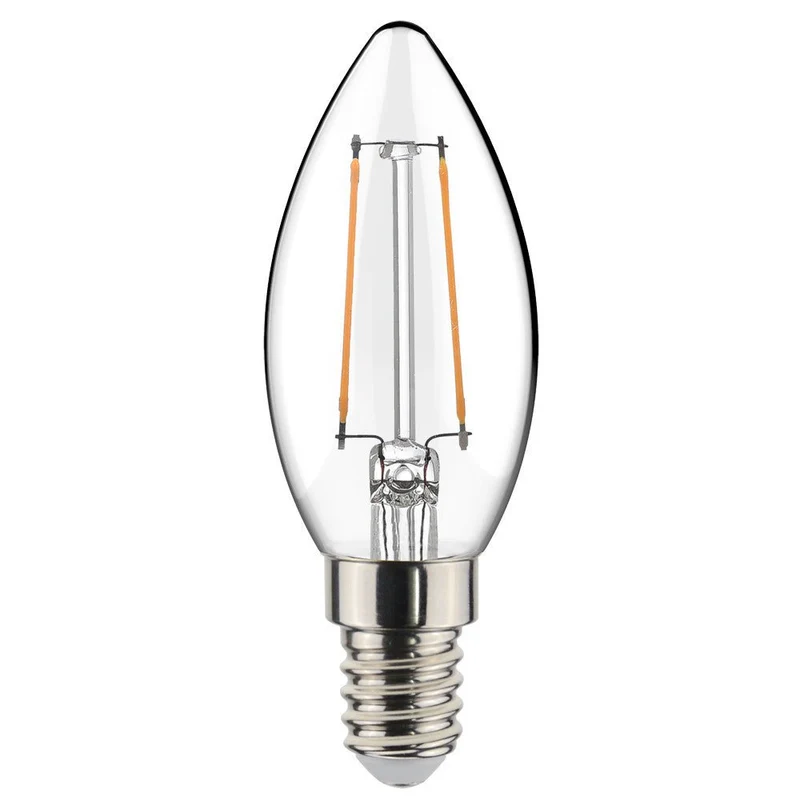 LED-Filament-Leuchtmittel Kerze | E14 | 2 Watt (ersetzt 25 Watt) | 350 Lumen | 2.700 K warmweiß | 360° Abstrahlwinkel | Form C35 | Glas klar | Glühfaden | Fadenglühbirne - Proventa