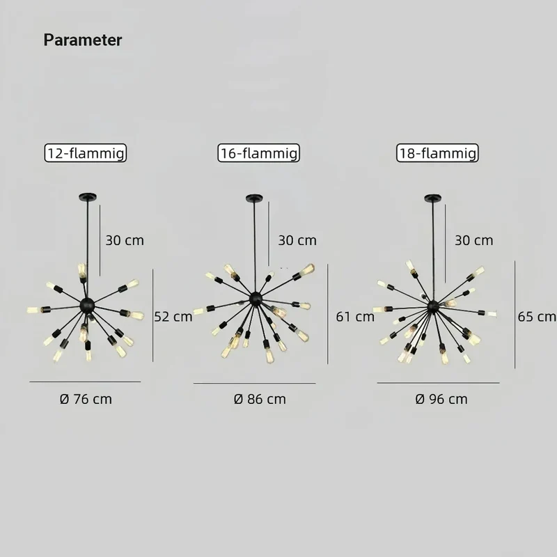 Sputnik Kronleuchter im Industrial-Stil aus schwarzem Metall