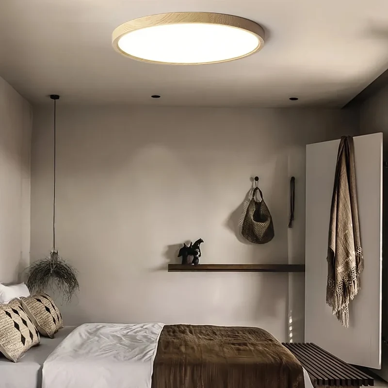 Runde Deckenlampe Holz LED skandinavischer Stil, flach, dimmbar Schlafzimmer