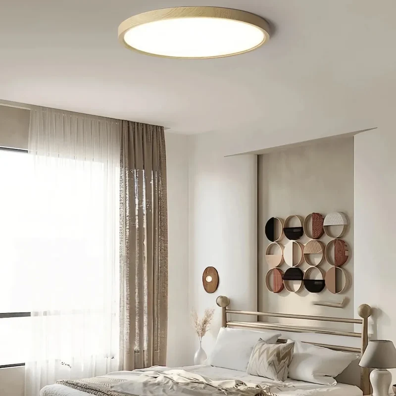 Runde Deckenlampe Holz LED skandinavischer Stil, flach, dimmbar Schlafzimmer