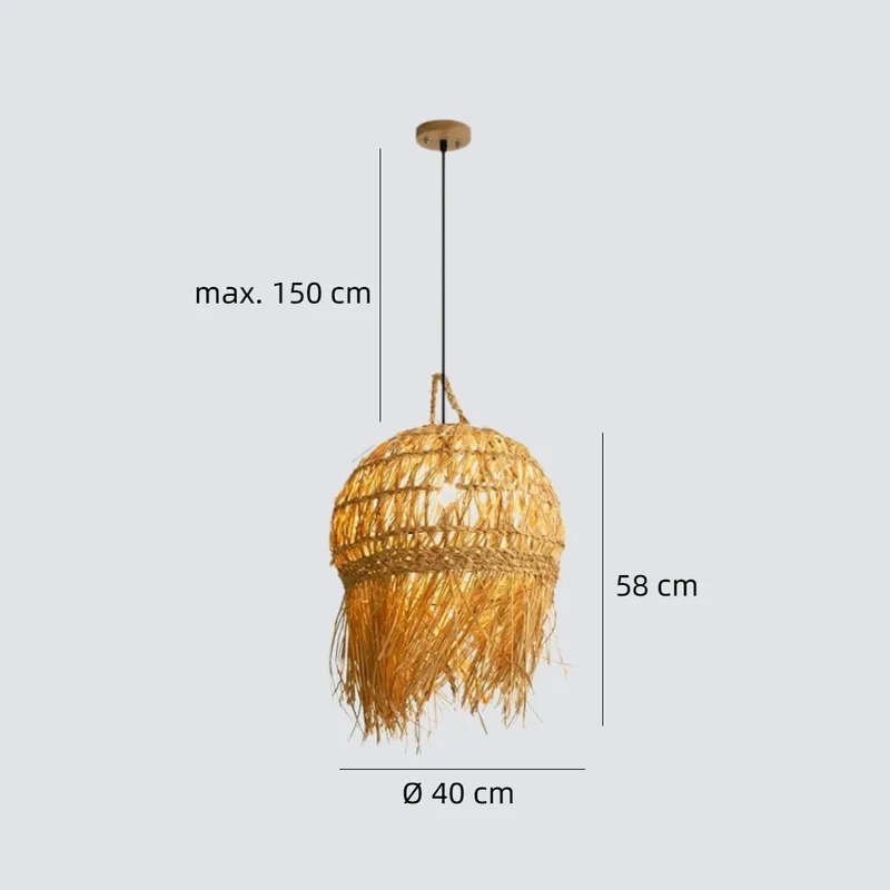 Pendelleuchte aus handgewebtem Stroh und Bambus im Boho Stil für den Esstisch