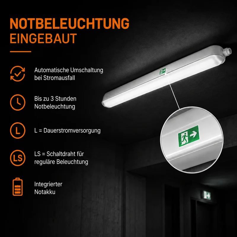 Notbeleuchtung LED-Wannenleuchte | 40W | 120cm | 4000 lm | IP65 wasserdicht