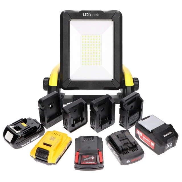 LED Akku Baustrahler 18V kompatibel mit Makita, Bosch, DeWalt, Milwaukee, Metabo – 2900lm Arbeitsleuchte IP54 & IK08 – Baustellenlampe inkl. 4 Marken-Adapter - LED's Work