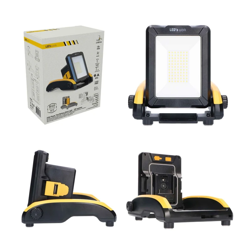 LED Akku Baustrahler 18V kompatibel mit Makita, Bosch, DeWalt, Milwaukee, Metabo – 2900lm Arbeitsleuchte IP54 & IK08 – Baustellenlampe inkl. 4 Marken-Adapter - LED's Work