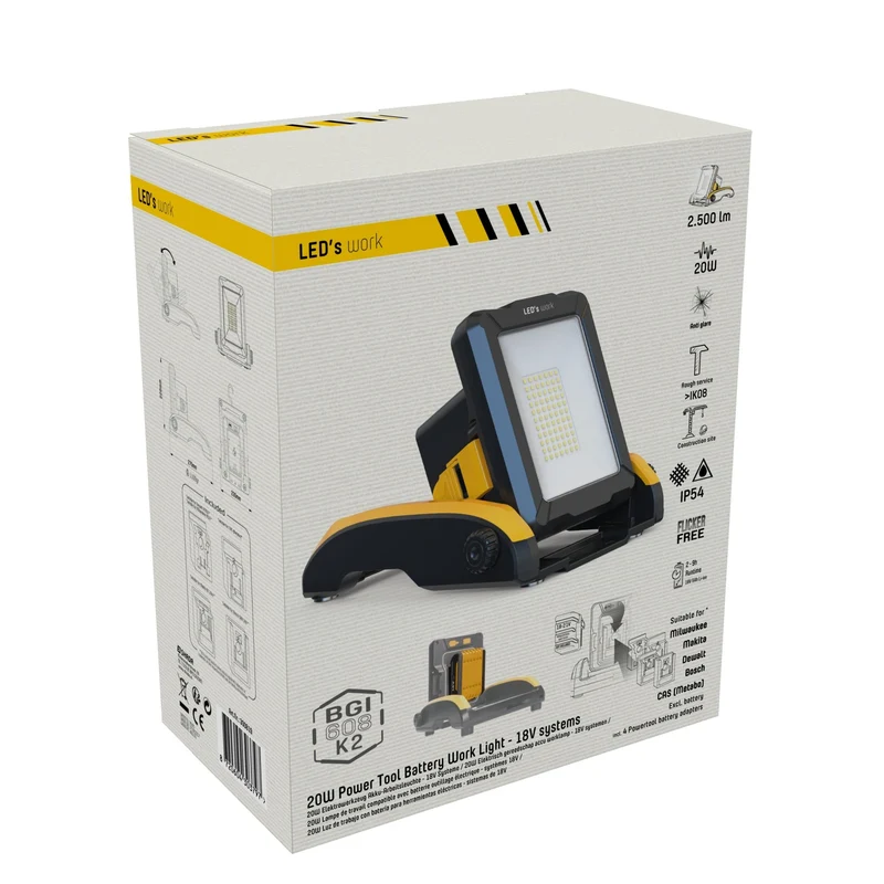 LED Akku Baustrahler 18V kompatibel mit Makita, Bosch, DeWalt, Milwaukee, Metabo – 2900lm Arbeitsleuchte IP54 & IK08 – Baustellenlampe inkl. 4 Marken-Adapter - LED's Work