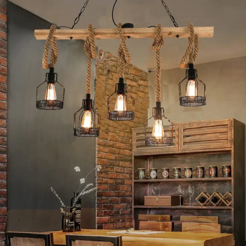 Pendelleuchte Holz Seil Industrial für Esszimmer