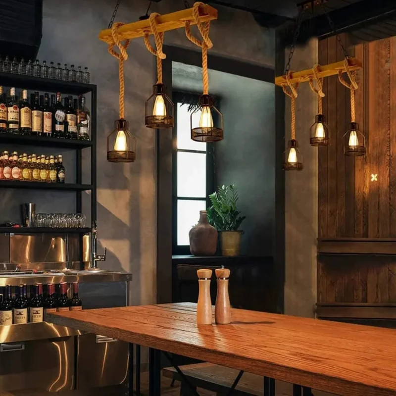 Pendelleuchte Holz Seil Industrial für Esszimmer