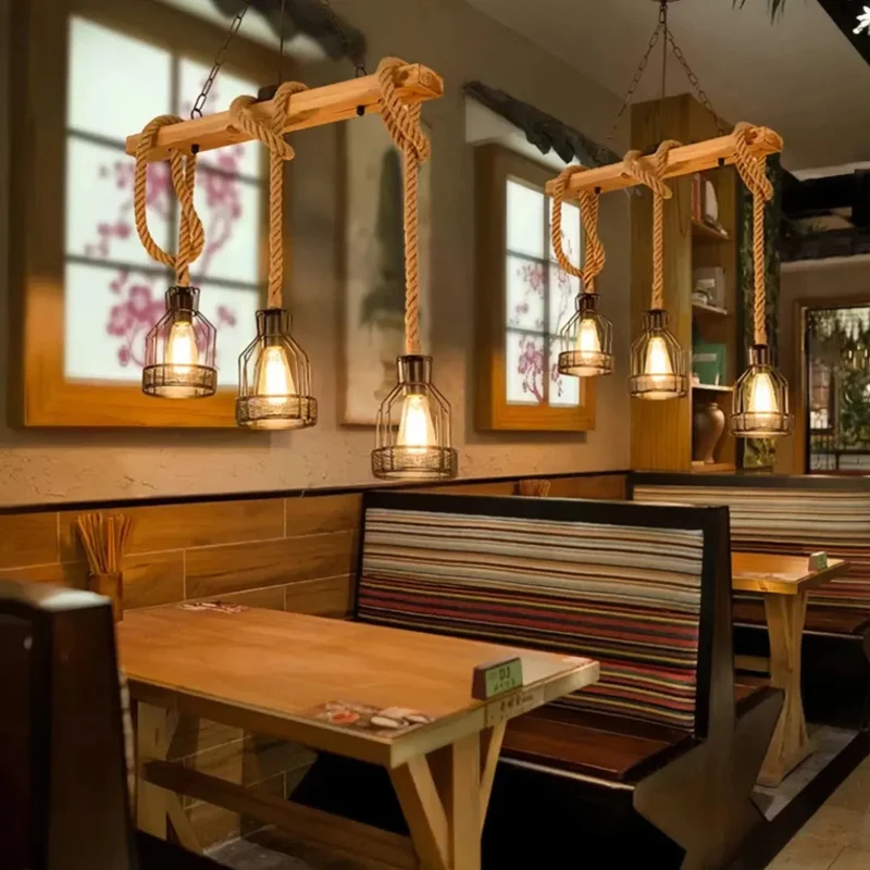 Pendelleuchte Holz Seil Industrial für Esszimmer