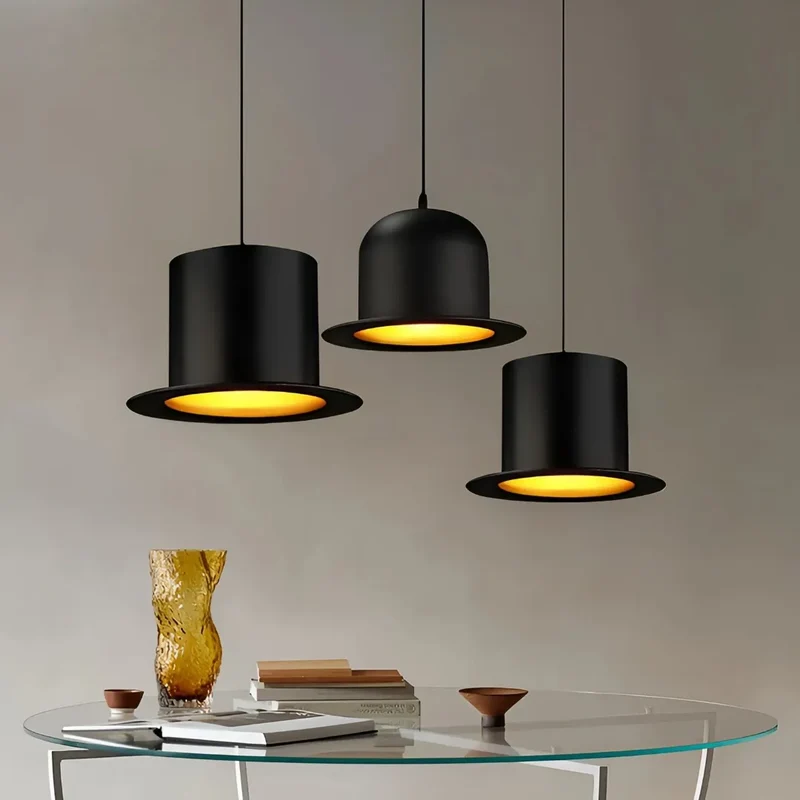 Moderne schwarze LED Pendelleuchte im Hut Design aus Metall für Esszimmer
