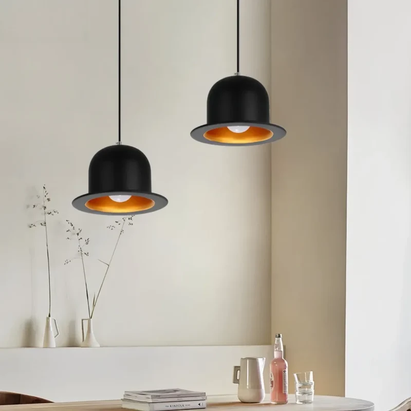 Moderne schwarze LED Pendelleuchte im Hut Design aus Metall für Esszimmer