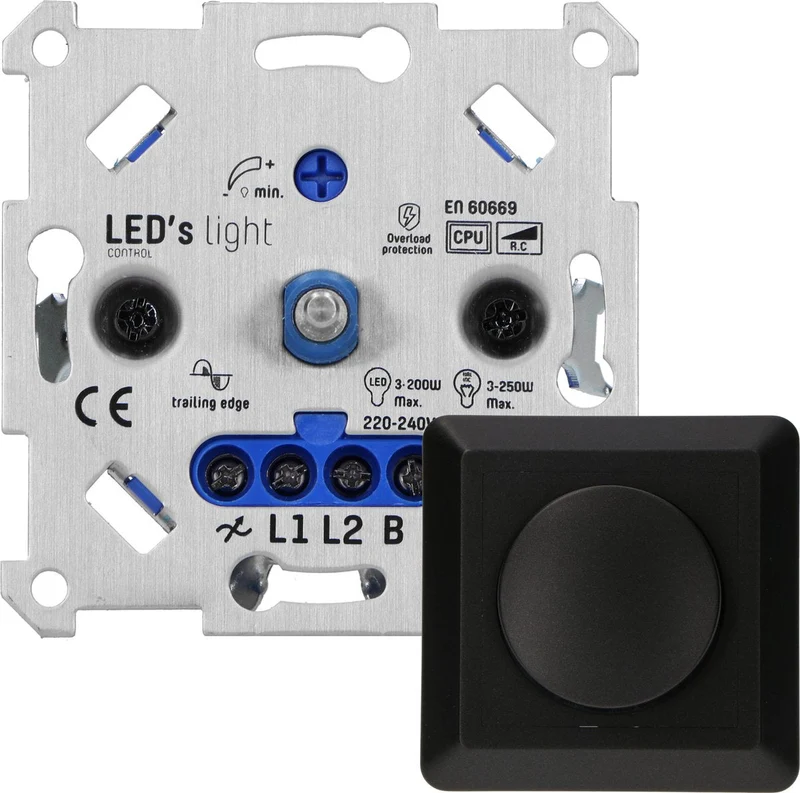 Proventa Premium LED-Dimmer komplett mit Abdeckrahmen – Universell für alle dimmbaren Leuchtmittel – Schwarz