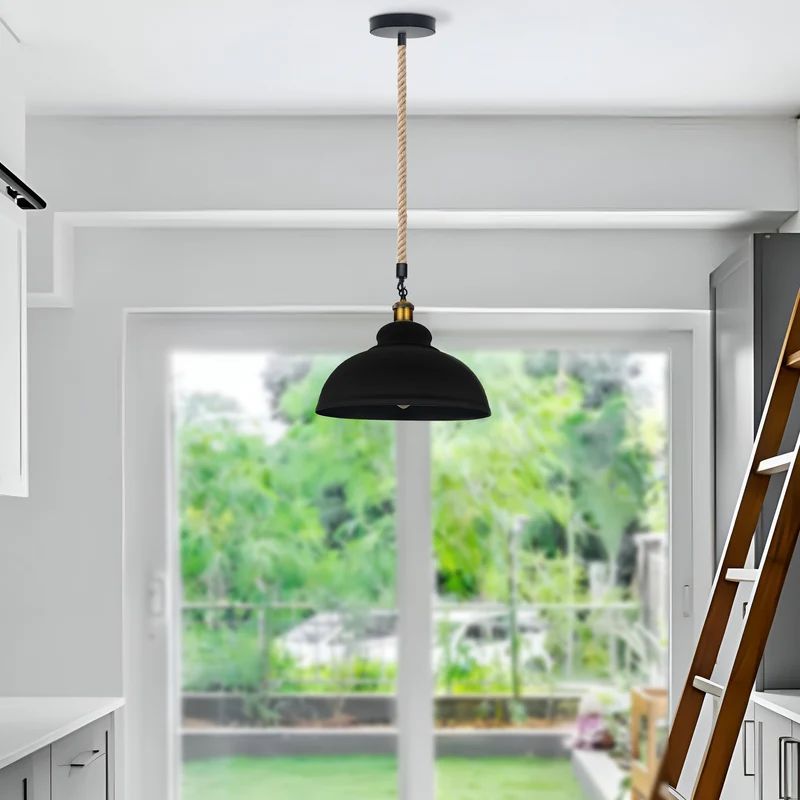 E27 Black Dome Metal Pendant Light with 100cm Hemp Rope~3035