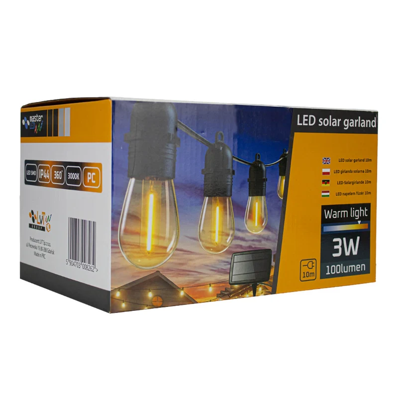 Solar-Lichterkette – Pin-Kabel | 10 Meter | 10 LEDs | Warmes Licht