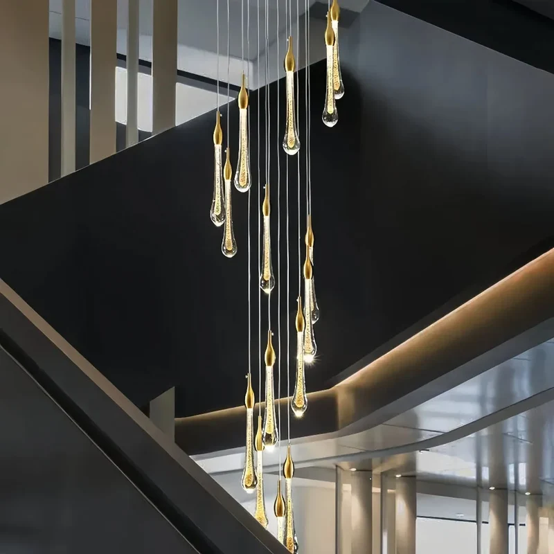 Moderne mehrflammige LED Pendelleuchte Gold mit Kristall für Treppenhaus
