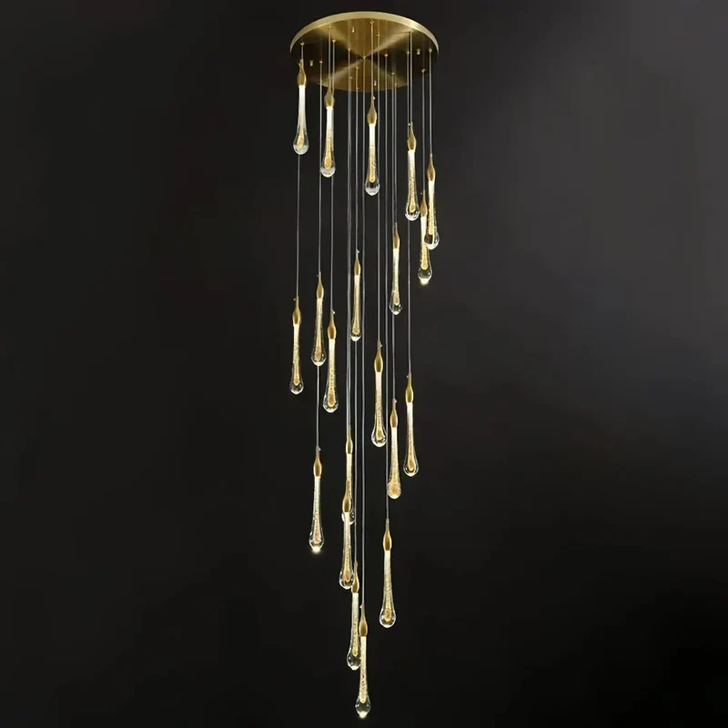Moderne mehrflammige LED Pendelleuchte Gold mit Kristall für Treppenhaus