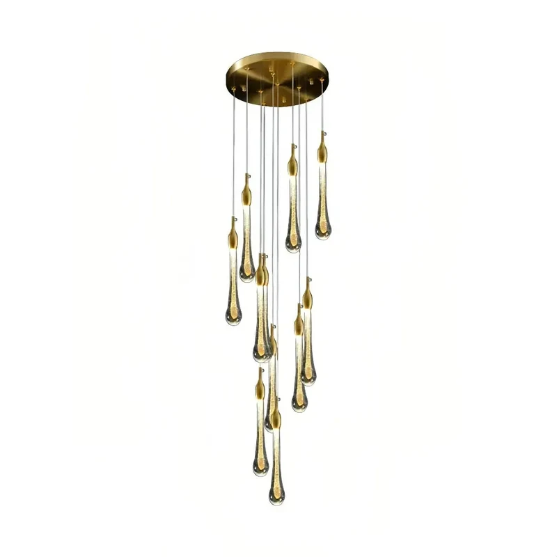 Moderne mehrflammige LED Pendelleuchte Gold mit Kristall für Treppenhaus