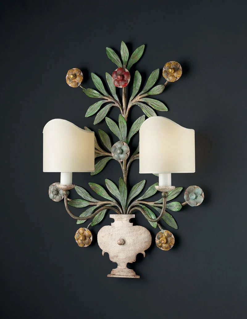 Casa Padrino Luxus Wandleuchte Mehrfarbig B. 55 x H. 70 cm - Handgefertigte Wandleuchte aus Schmiedeeisen mit handgeformten Blüten - Luxus Kollektion - Edel & Prunkvoll