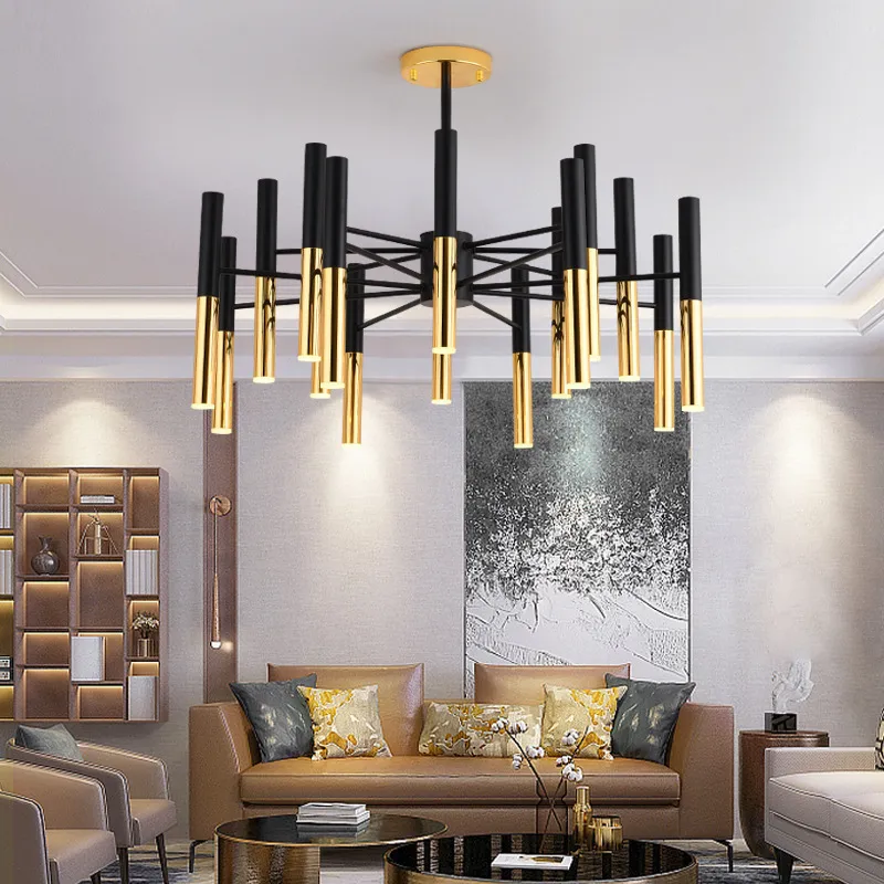 Moderner Metall Design Kronleuchter in Schwarz Gold für Wohnzimmer