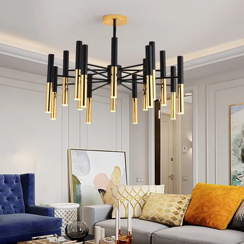 Moderner Metall Design Kronleuchter in Schwarz Gold für Wohnzimmer