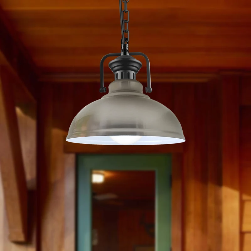 Verstellbare satiniertes Nickel-Vintage-Pendelleuchte – E27-Deckenlampe mit weiß beschichtetem Schirm ~3042