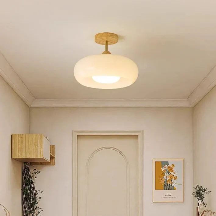 LED Deckenleuchte aus Glas mit Holzrahmen für Flur